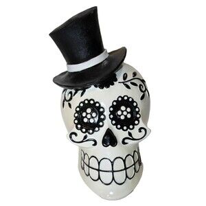 Sugar Skull Day Of The Dead Black White Resin Wearing Top Hat Gothic Decor 10x7"